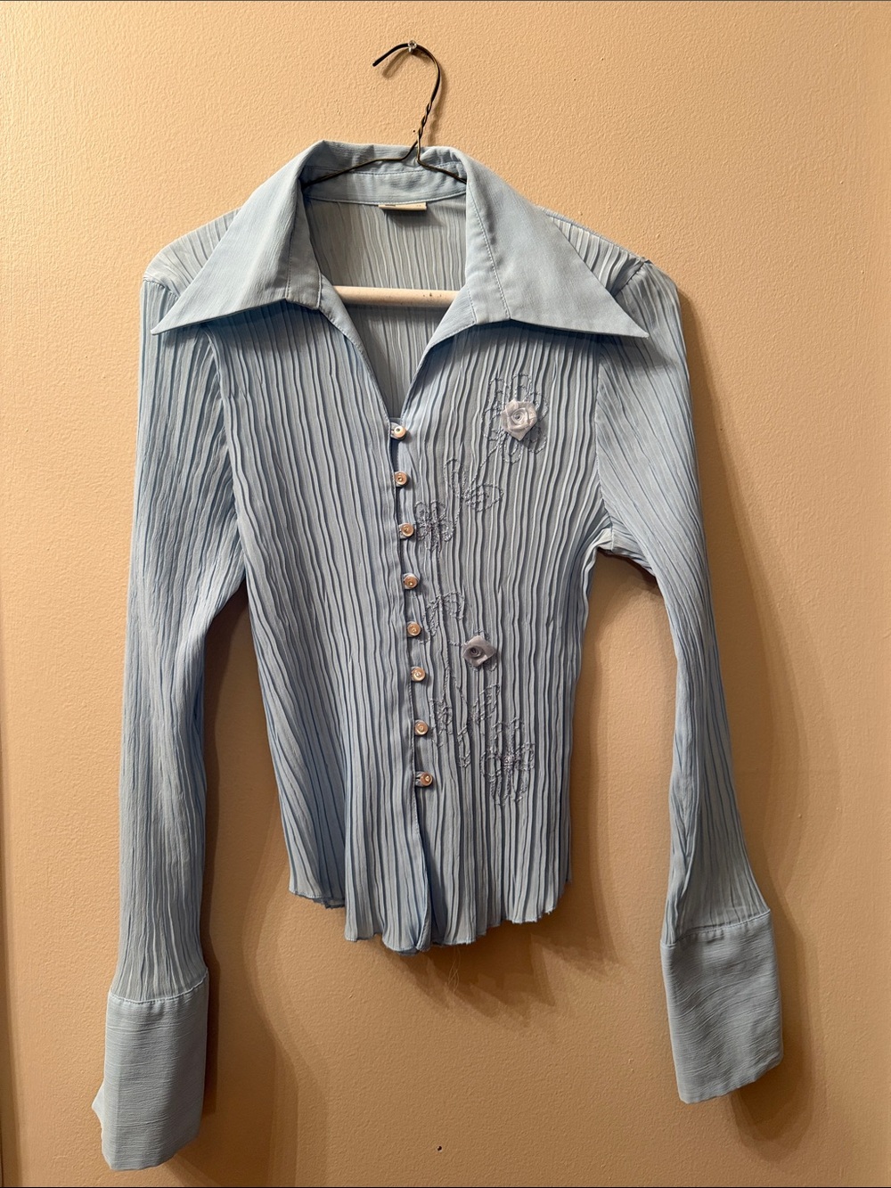 Light Blue Pleated Dress Shirt with Embroidered Accents